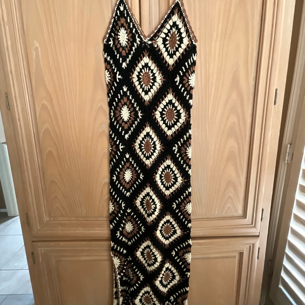 Elan Crochet Elegant Body Con Midi Dress- Size S - Black, Brown and Cream Color
